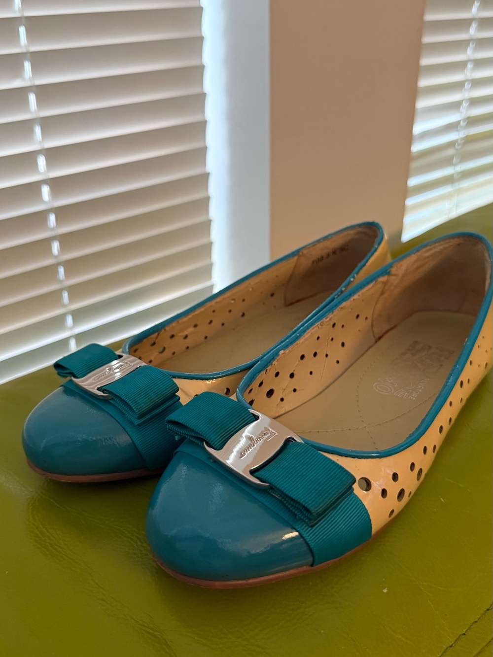 Salvatore Ferragamo Teal and Cream Vara Bow Ballet Flats